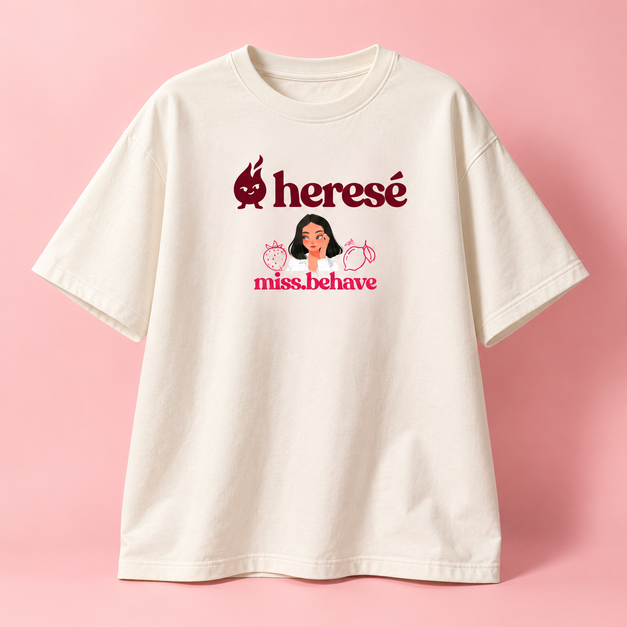 Ivory Heresé T-shirt with burgundy logo and a pink miss.behave graphic