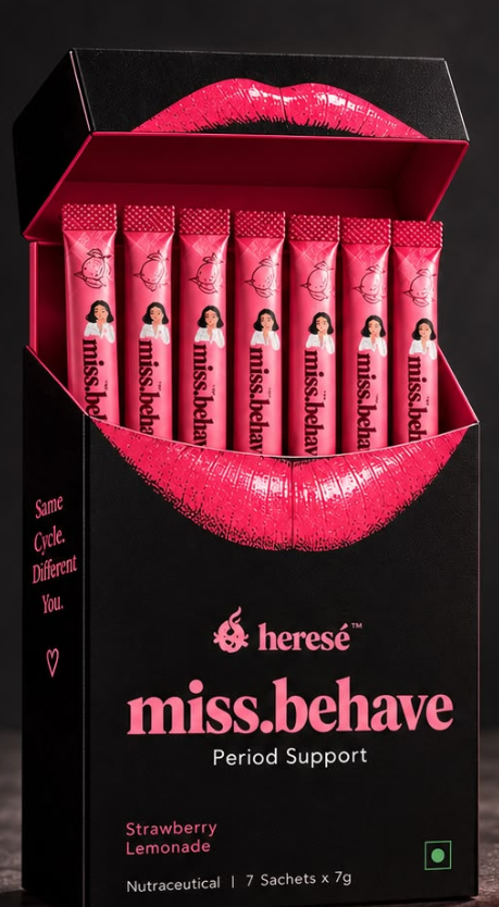 Final black seven-sachet miss.behave box with pink lips and Strawberry Lemonade sachets