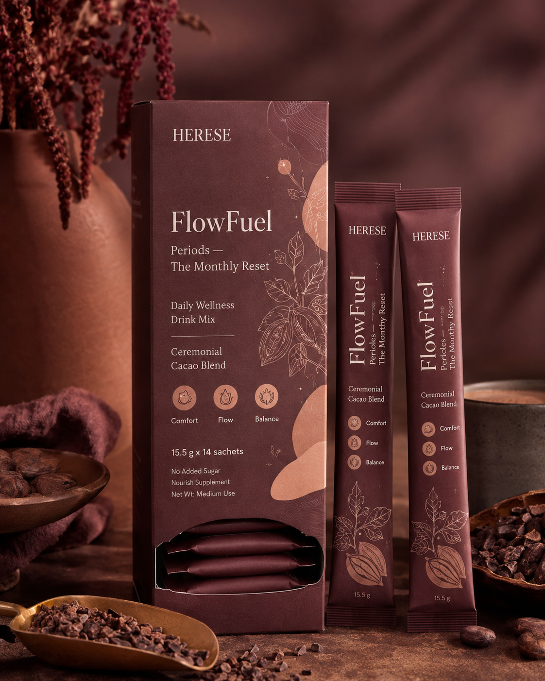 HERESE FlowFuel product box and ritual sachets