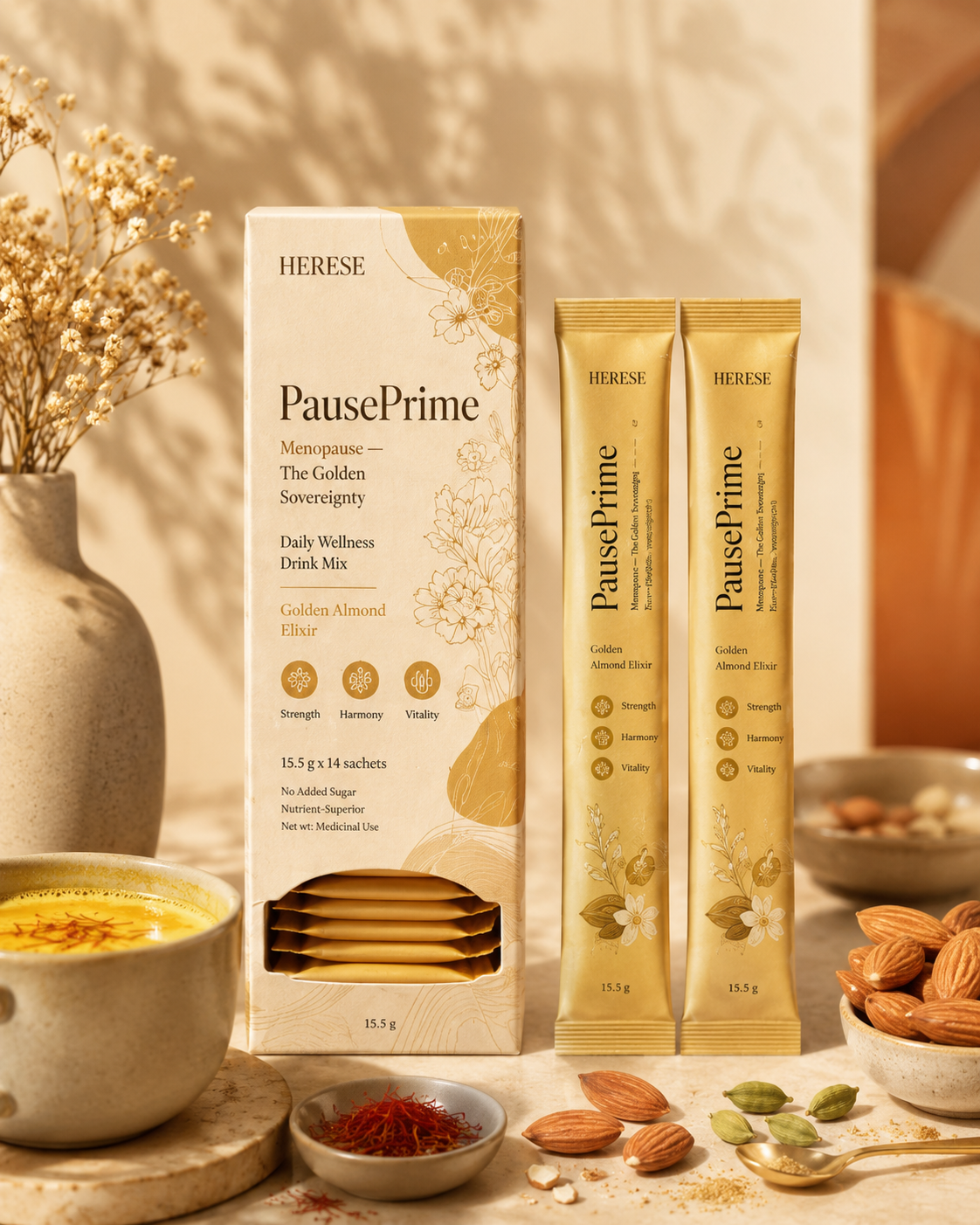 HERESE PausePrime product box and ritual sachets