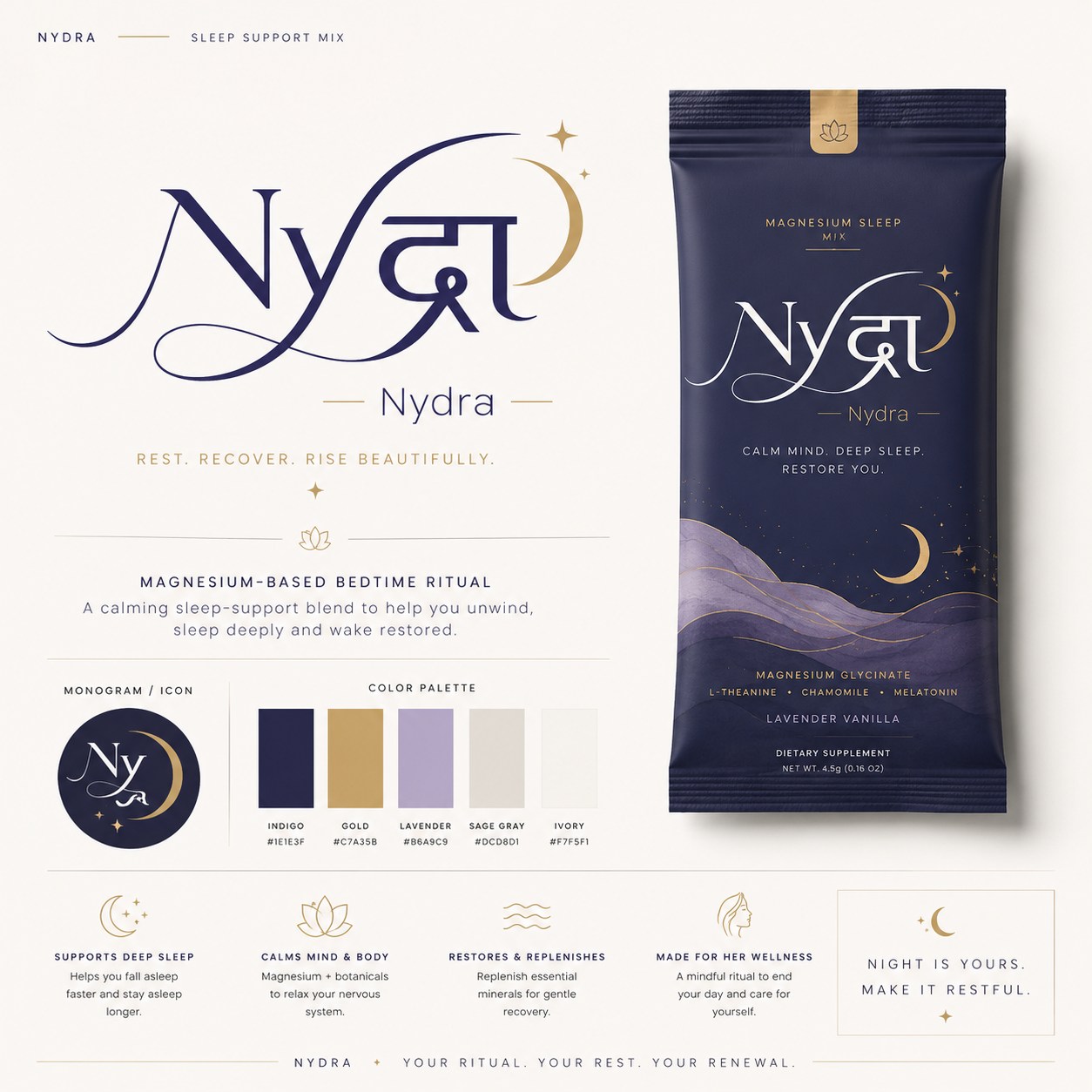 Nydra magnesium sleep support mix in indigo and gold packaging