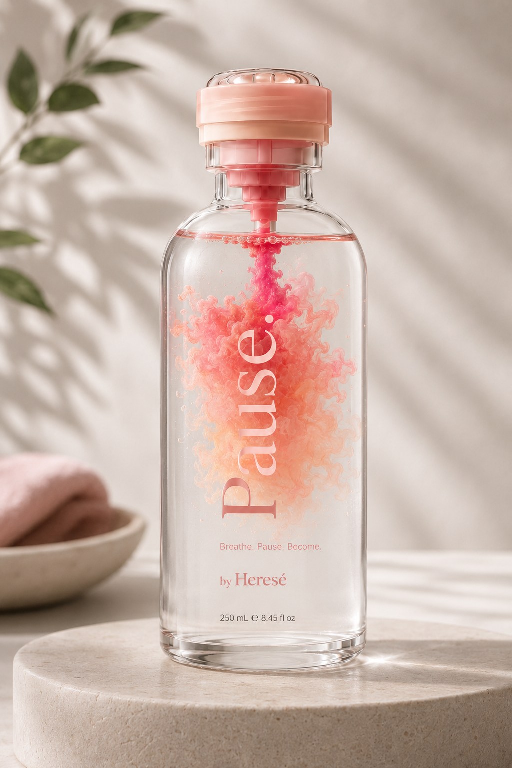 Pause by Heresé twist-activated wellness drink bottle with coral powder dispersing in water