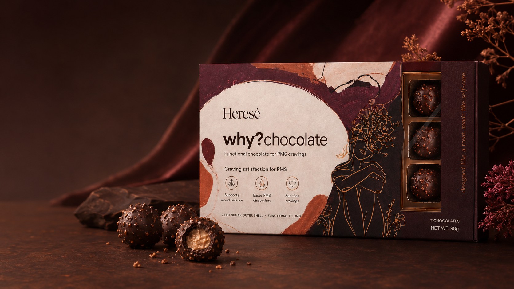 Heresé why? functional chocolate concept in cocoa and burgundy packaging